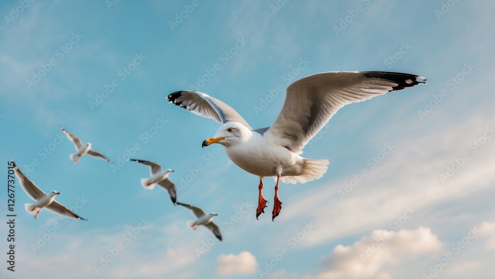 Obraz premium Seagull in flight with flock of seagulls soaring against a blue sky with clouds visible Copy Space