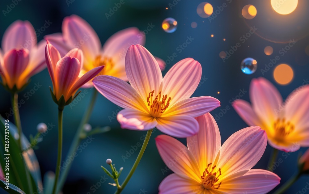 A stunning close-up of vibrant, glowing flowers in full bloom, illuminated with soft golden light. A stunning close-up of vibrant, glowing flowers in full bloom, illuminated with soft golden light.