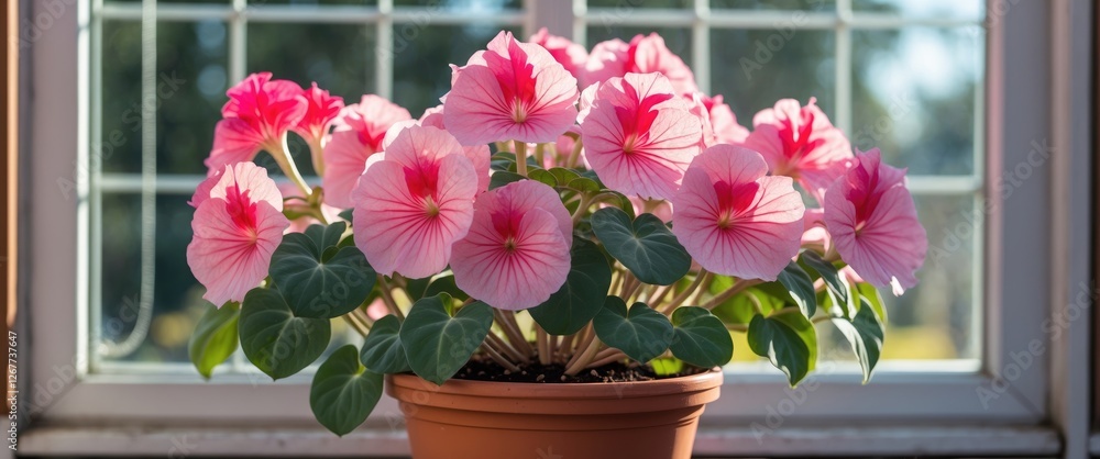 Fototapeta premium Pink begonias in a terracotta pot on a sunlit windowsill with soft focus background, showing vibrant bloom and greenery, Copy Space