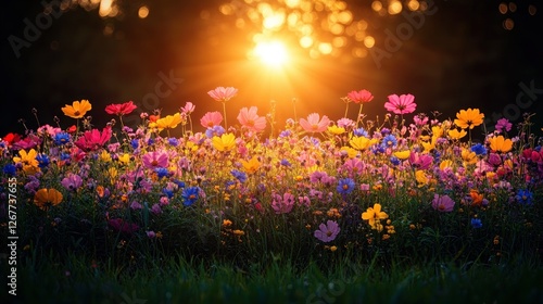 Colorful wildflowers in a meadow at sunset photo