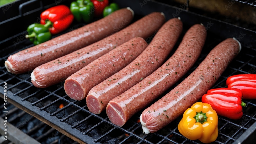 Grilled sausages and colorful bell peppers on barbecue grill with copy space for text Grilled sausages and colorful bell peppers on barbecue grill with copy space for text