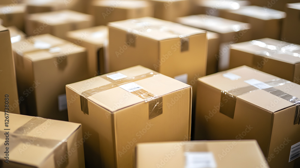 Cardboard boxes with shipping labels are stacked closely, representing concept of e commerce and logistics. image highlights efficiency and organization in modern delivery systems Cardboard boxes with shipping labels are stacked closely, representing concept of e commerce and logistics. image highlights efficiency and organization in modern delivery systems