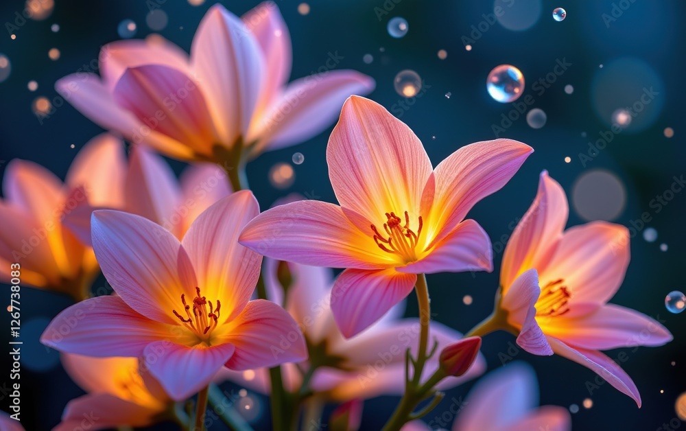 Fototapeta premium A stunning close-up of vibrant, glowing flowers in full bloom, illuminated with soft golden light. 
