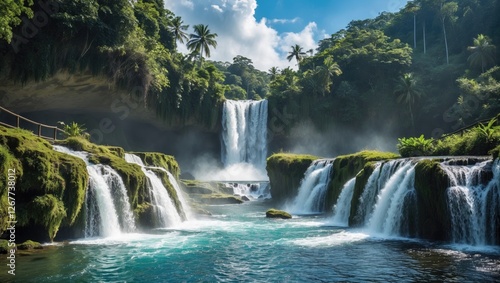 Lush tropical waterfall landscape with cascading water, surrounded by vibrant greenery and palm trees, clear blue water and misty atmosphere, Copy Space