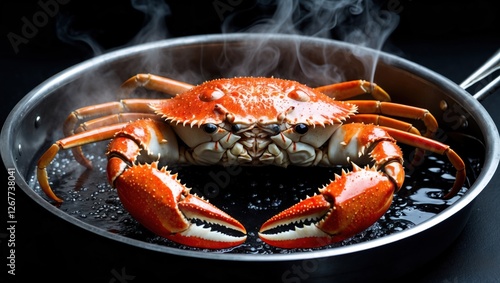 Wallpaper Mural Freshly cooked crab in a stainless steel pan with steam rising against a dark background, showcasing vibrant colors and textures. Torontodigital.ca