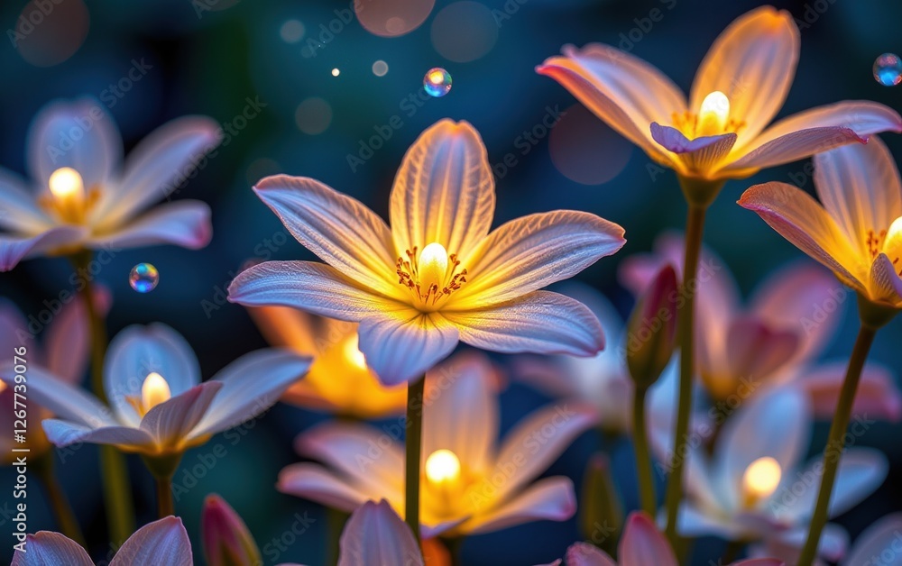 A stunning close-up of vibrant, glowing flowers in full bloom, illuminated with soft golden light. A stunning close-up of vibrant, glowing flowers in full bloom, illuminated with soft golden light.