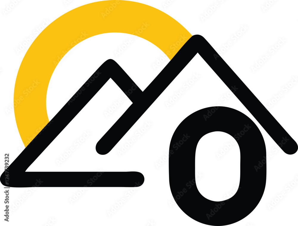 Simple logo design featuring mountains, sun, and the number zero. Simple logo design featuring mountains, sun, and the number zero.
