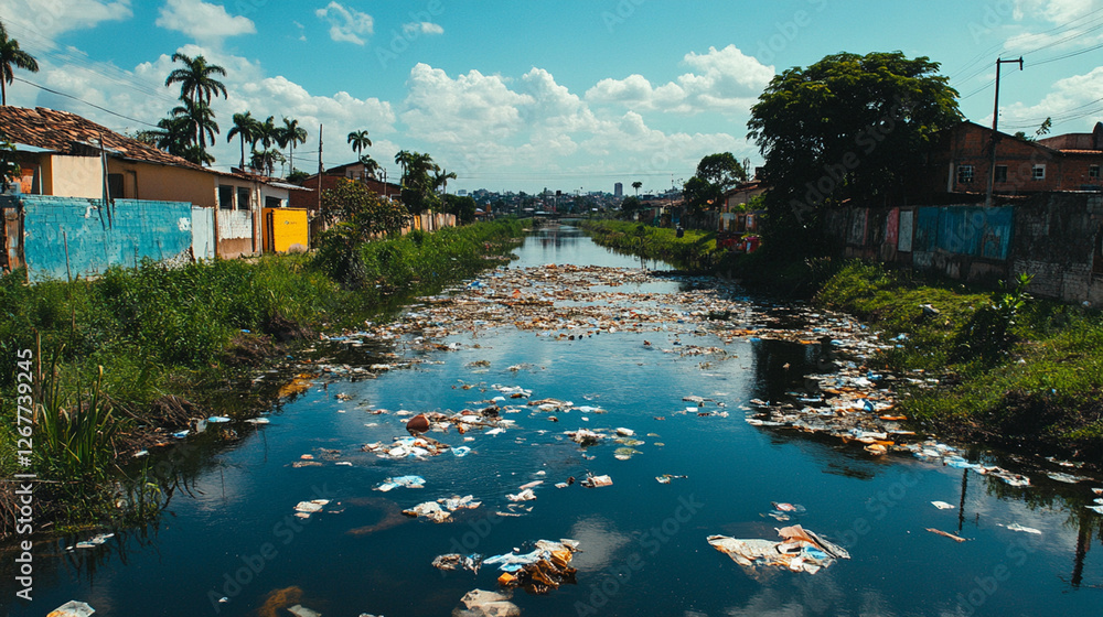 Obraz premium polluted river flows sluggishly, reflecting cloudy sky, underscoring environmental neglect and urgent need for cleanup