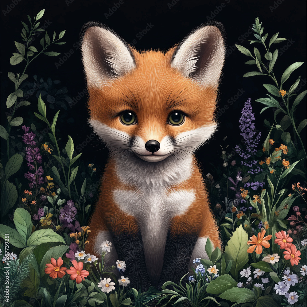 Fototapeta premium Gentle fox with calm mood sitting in flowers and foliage on dark background