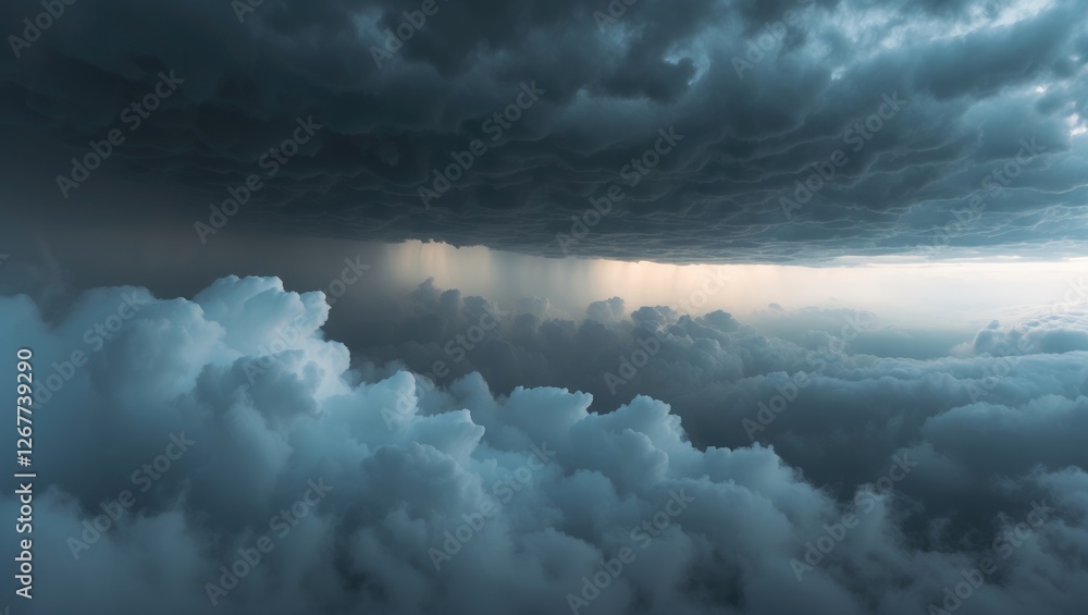 Obraz premium Dark storm clouds with dramatic lighting over fluffy white clouds in an overcast sky Copy Space