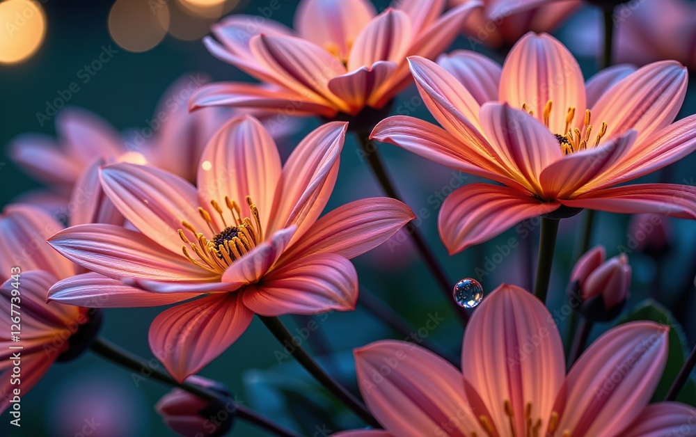 A stunning close-up of vibrant, glowing flowers in full bloom, illuminated with soft golden light. A stunning close-up of vibrant, glowing flowers in full bloom, illuminated with soft golden light.