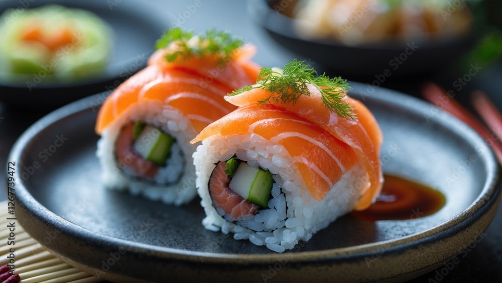 Salmon sushi rolls on a black plate with sauce and garnishes close up view Copy Space Salmon sushi rolls on a black plate with sauce and garnishes close up view Copy Space