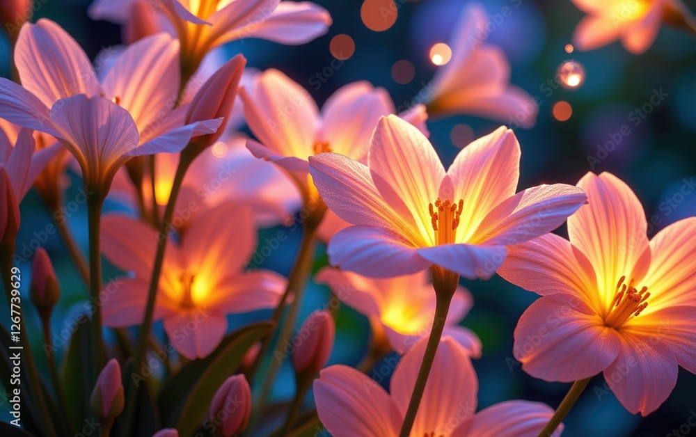 Fototapeta premium A stunning close-up of vibrant, glowing flowers in full bloom, illuminated with soft golden light. 