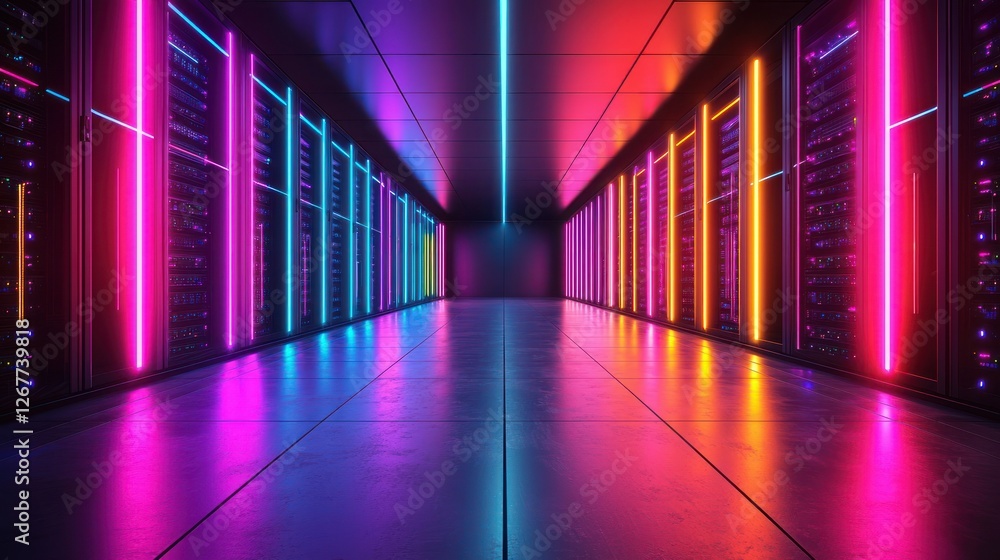 Fototapeta premium Neon-lit server room, data center corridor, glowing racks, digital infrastructure, tech background