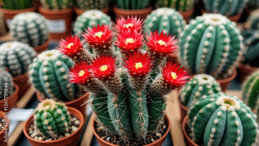 Group of various cacti with vibrant red flowers in pots arranged in a garden setting Copy Space Group of various cacti with vibrant red flowers in pots arranged in a garden setting Copy Space