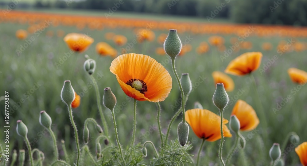 Obraz premium Vibrant orange poppy flowers in a lush green field with blurred background and soft natural light displaying details of petals and buds Copy Space
