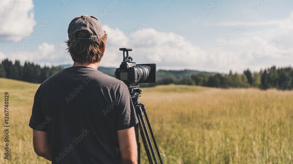 Filming nature documentary, scenic field, summer