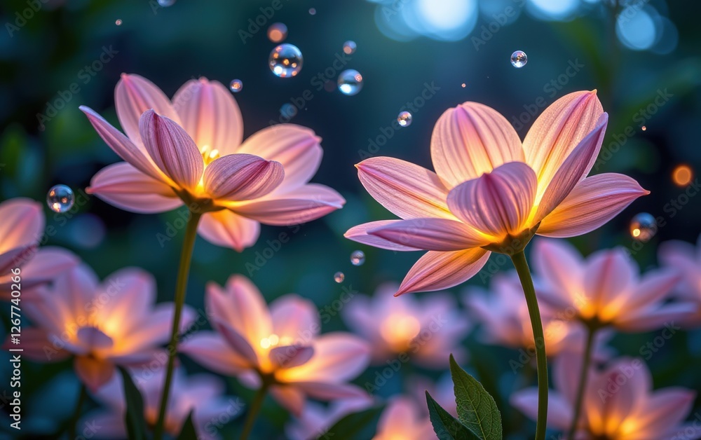 A stunning close-up of vibrant, glowing flowers in full bloom, illuminated with soft golden light. A stunning close-up of vibrant, glowing flowers in full bloom, illuminated with soft golden light.