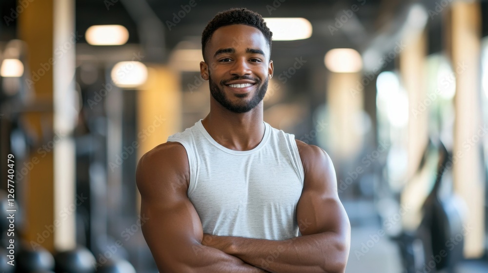 A smiling man in a vibrant workout outfit stands confidently in a brightly lit gym, surrounded by modern fitness equipment A smiling man in a vibrant workout outfit stands confidently in a brightly lit gym, surrounded by modern fitness equipment