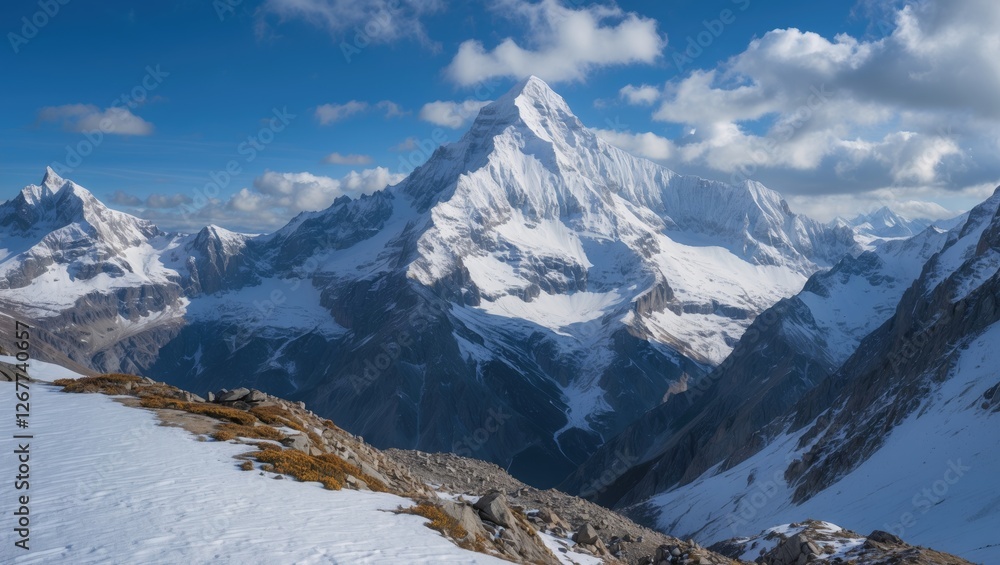 Obraz premium Snow-capped mountain peak under clear blue sky with scattered clouds and rocky terrain in foreground ideal for nature imagery Copy Space