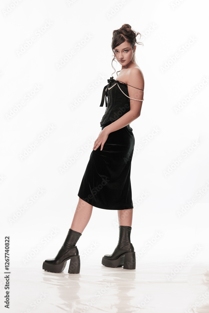 Young beautiful girl brunette of an eastern outbreak of black dress on a white background Young beautiful girl brunette of an eastern outbreak of black dress on a white background