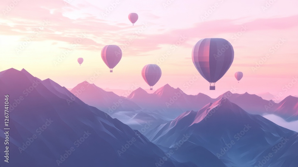 Fototapeta premium Scenic Sunrise Hot Air Balloon Adventure Over Distant Mountains: Explore Pastel Skies and Vibrant Horizons