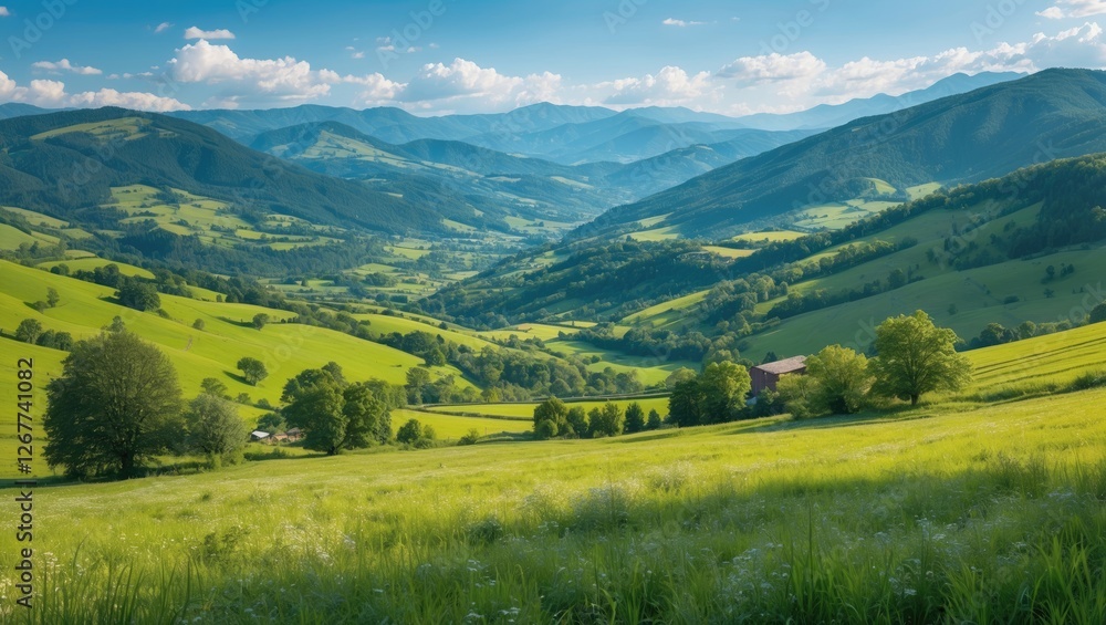 Naklejka premium Mountain landscape with lush green valleys and rolling hills under a clear blue sky with scattered clouds, Copy Space