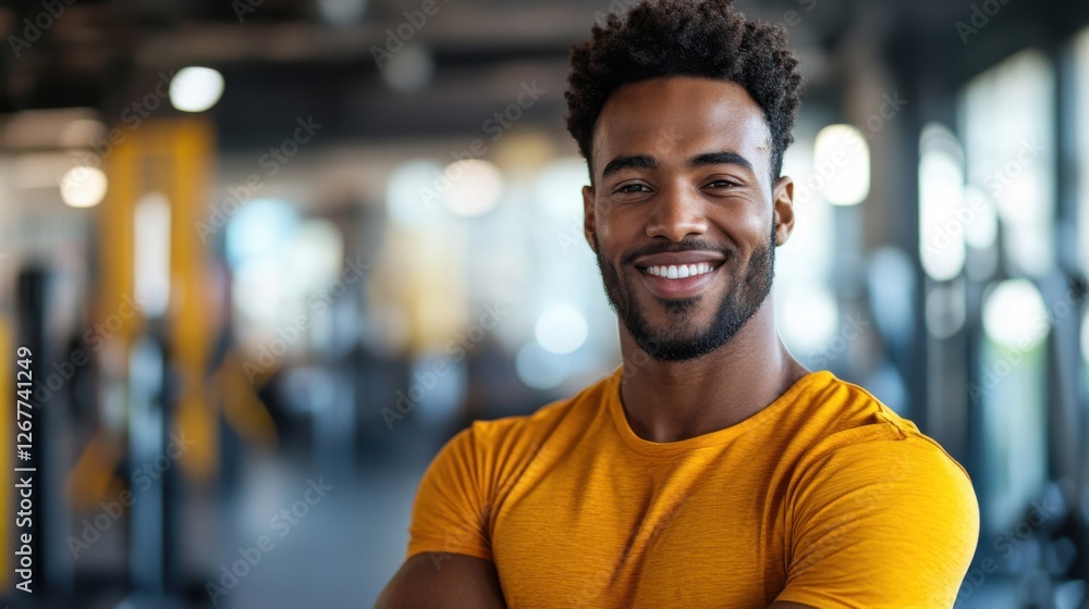 A smiling man in a vibrant workout outfit stands confidently in a brightly lit gym, surrounded by modern fitness equipment A smiling man in a vibrant workout outfit stands confidently in a brightly lit gym, surrounded by modern fitness equipment