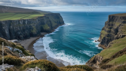 Coastal cliffs with dramatic sea view and sandy beach under cloudy sky in a scenic natural landscape Copy Space photo