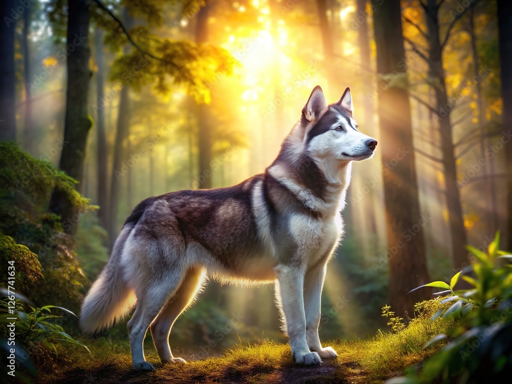 Siberian Husky, forest's edge, contemplative figure. Siberian Husky, forest's edge, contemplative figure.