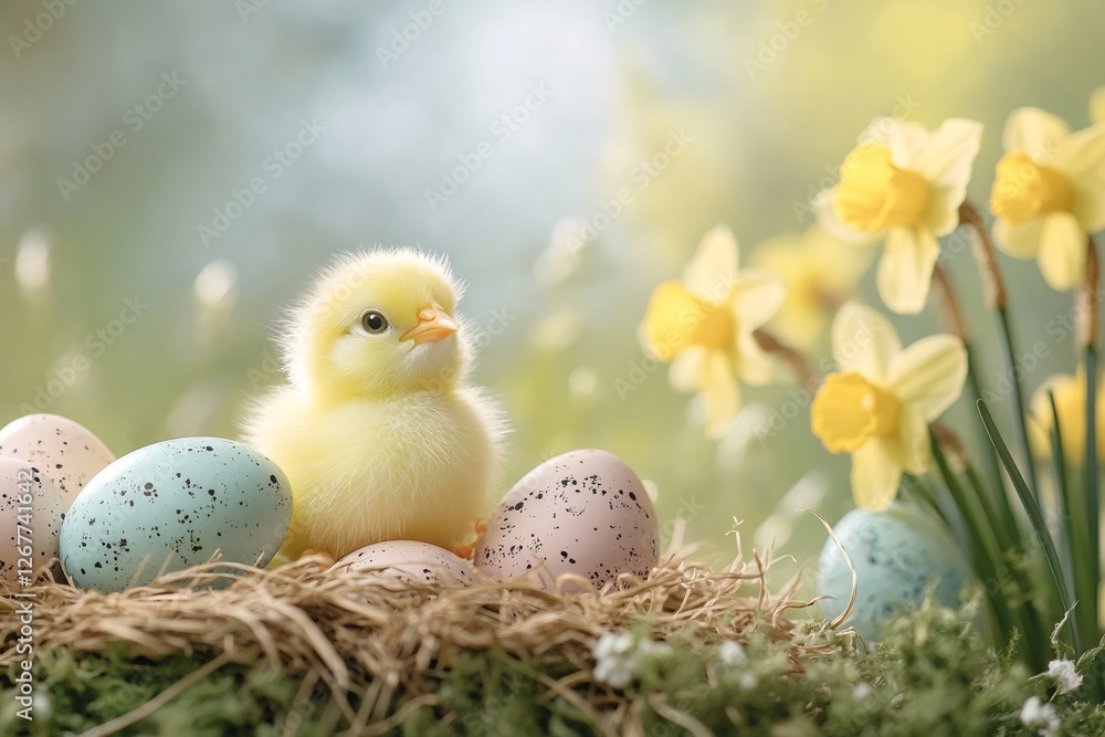 Cute baby chick sitting in nest with easter eggs and narcissus flowers Cute baby chick sitting in nest with easter eggs and narcissus flowers
