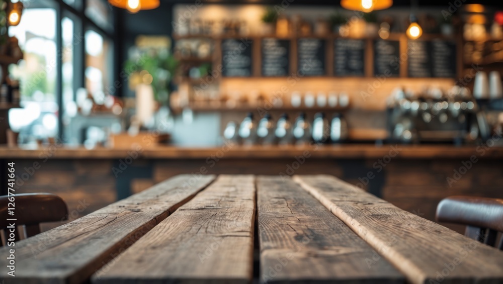 Wooden Table in a Modern Coffee Shop with Blurred Background and Copy Space for Text Wooden Table in a Modern Coffee Shop with Blurred Background and Copy Space for Text