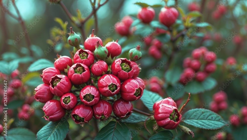 Fototapeta premium Red berries on a bush with green leaves creating a natural backdrop and copy space for text placement