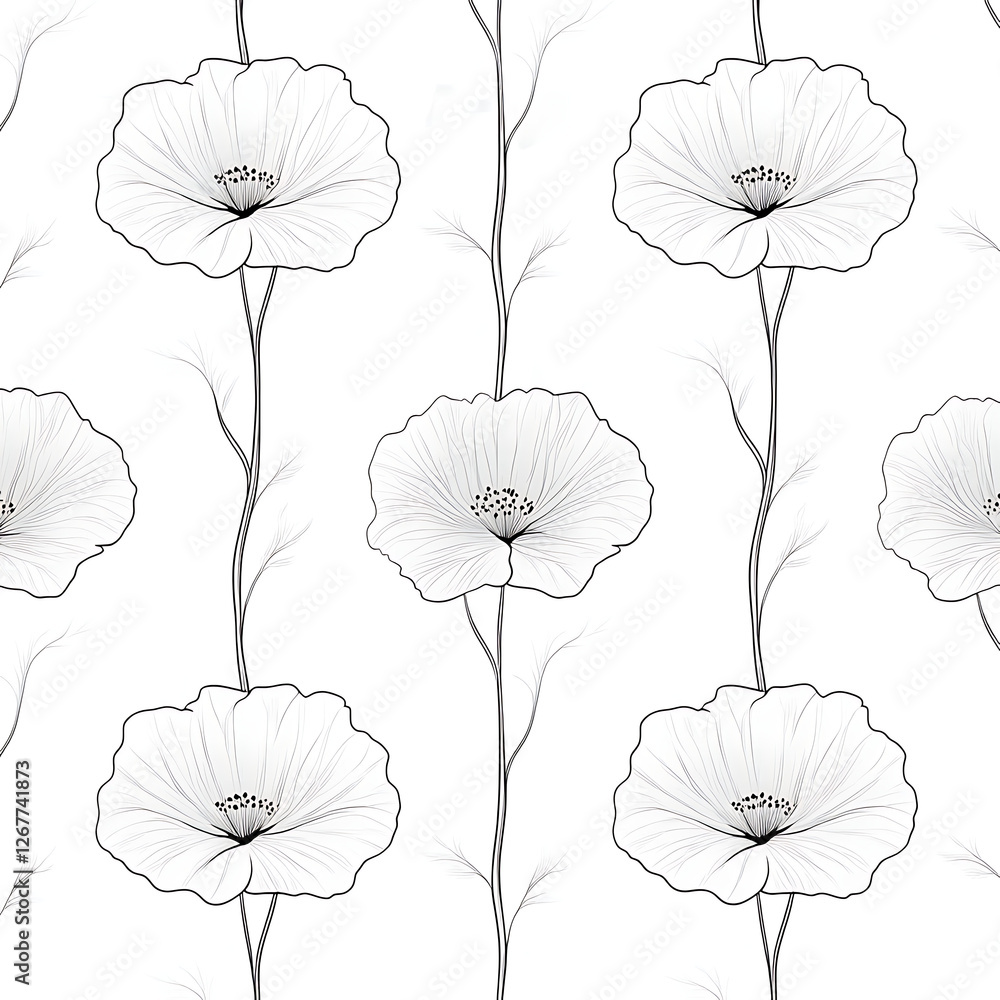 Fototapeta premium Elegant Arrangement of White Poppies Seamless Floral Pattern on White Background Delicate Design