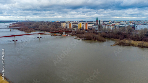Obraz na plátne Aerial view on Silesian-Dabrowski Bridge  and  right riverbank of Vistula river