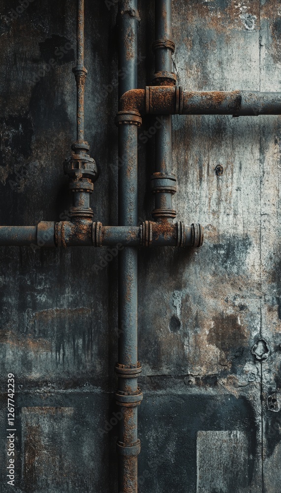 Close up of a textured, weathered industrial pipe wall in a dark concrete garage setting Close up of a textured, weathered industrial pipe wall in a dark concrete garage setting