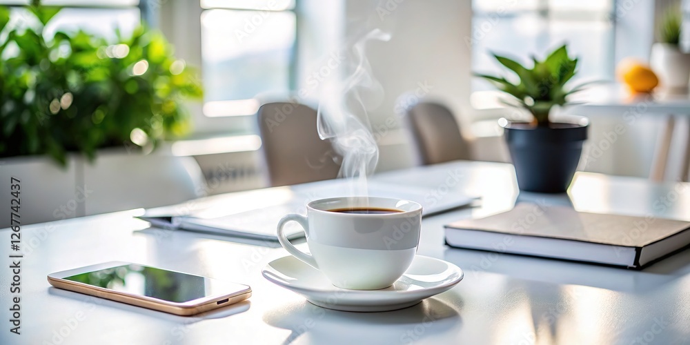 Fototapeta premium Productive workday: mobile, coffee, white desk space.