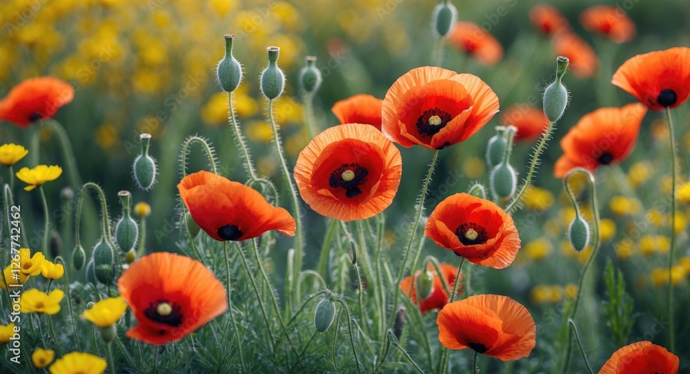 Obraz premium Vivid orange poppies and yellow flowers in a lush green field with clear focus on the foreground blossoms and blurred background flowers Copy Space