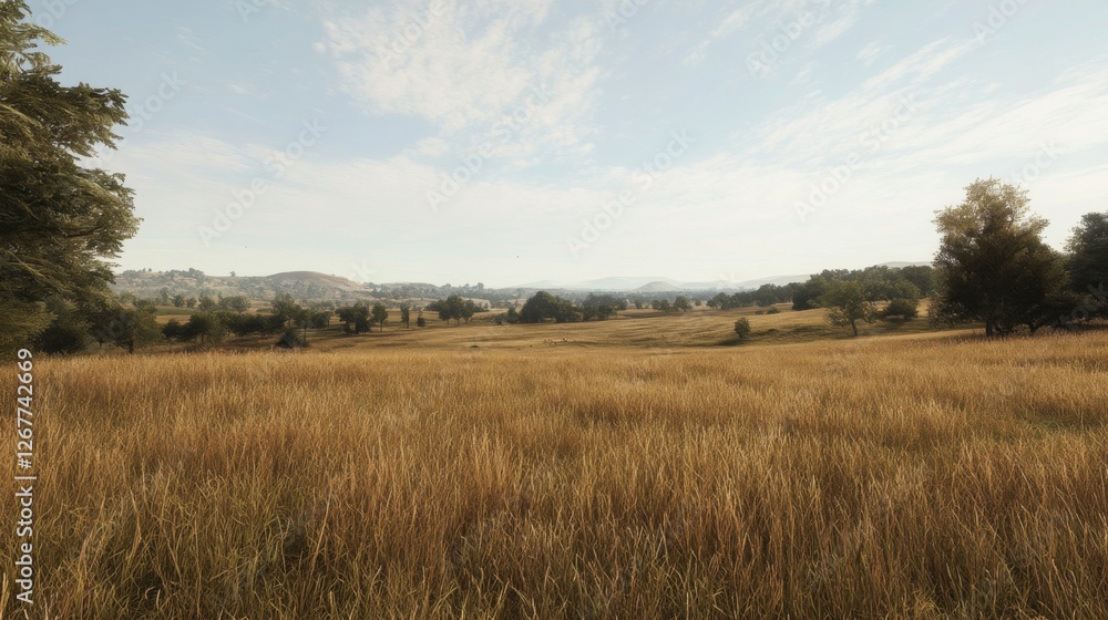 Golden field landscape, tranquil valley, summer day. Use travel brochure Golden field landscape, tranquil valley, summer day. Use travel brochure