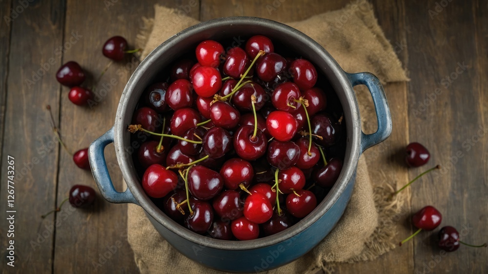 Freshly picked cherries in a rustic metal bowl placed on a wooden surface with burlap cloth and scattered cherries around, Copy Space Freshly picked cherries in a rustic metal bowl placed on a wooden surface with burlap cloth and scattered cherries around, Copy Space