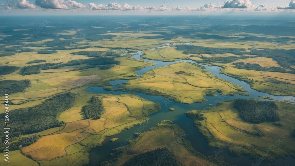Fototapeta Aerial view of lush green landscape with winding rivers and fields under a cloudy blue sky in daytime Copy Space
