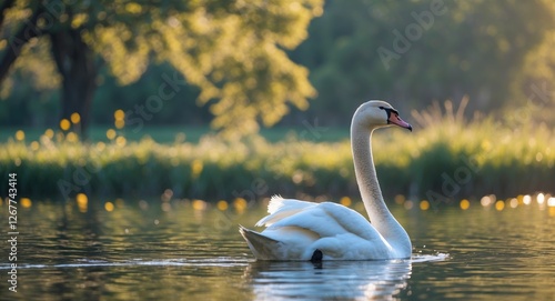 Swan swimming in tranquil lake surrounded by greenery with sunlight reflection on water creating a serene natural scene Copy Space photo