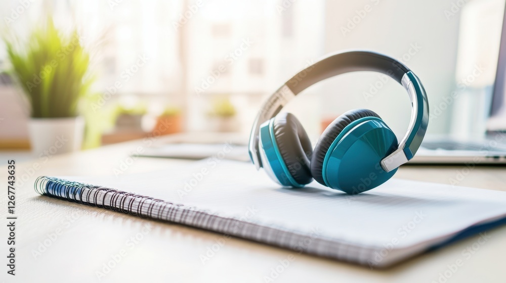 Modern Desktop Headphones and Notebook: Enhance Your Home Office Workspace for Productive Learning and Relaxation Modern Desktop Headphones and Notebook: Enhance Your Home Office Workspace for Productive Learning and Relaxation