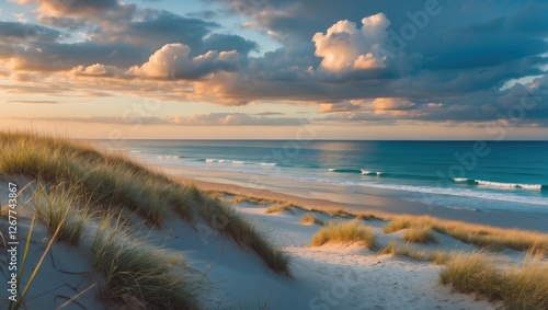 Fototapeta Naklejka Na Ścianę i Meble -  Serene beach landscape featuring sand dunes and ocean waves under a cloudy sky at sunset with soft golden light and Copy Space