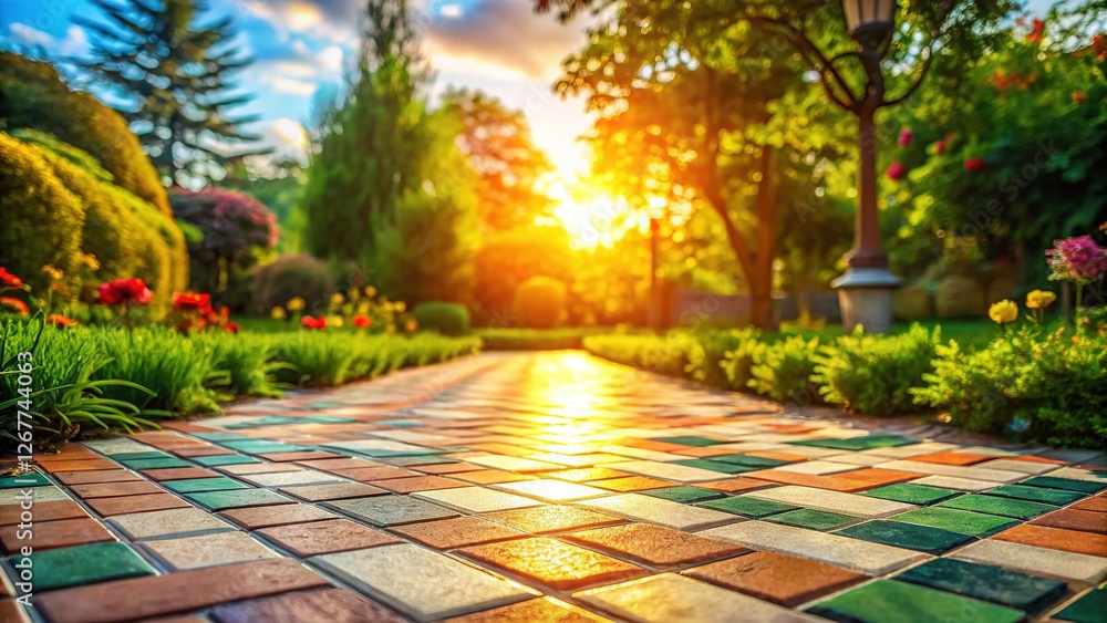 Fototapeta premium Isometric garden path tiles, softly blurred.