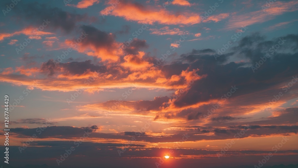 Vibrant sunset over a cloud-filled sky with colorful clouds and horizon illuminated by warm light Copy Space Vibrant sunset over a cloud-filled sky with colorful clouds and horizon illuminated by warm light Copy Space