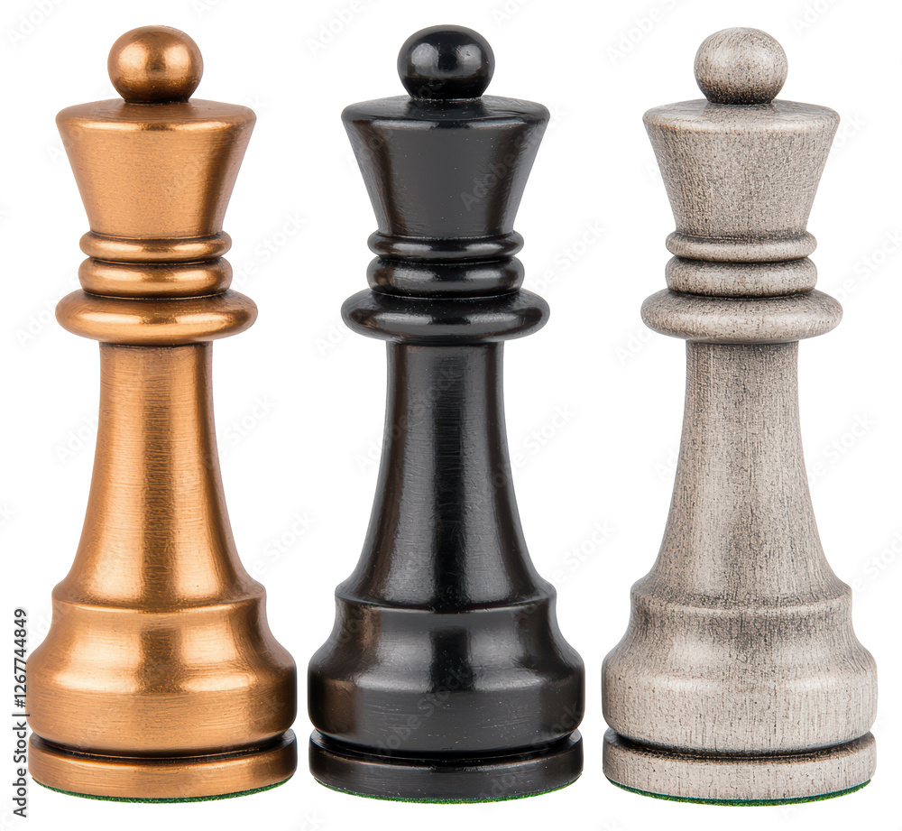 Three Chess Queens in Gold Black and White Colors on Transparent Background Three Chess Queens in Gold Black and White Colors on Transparent Background