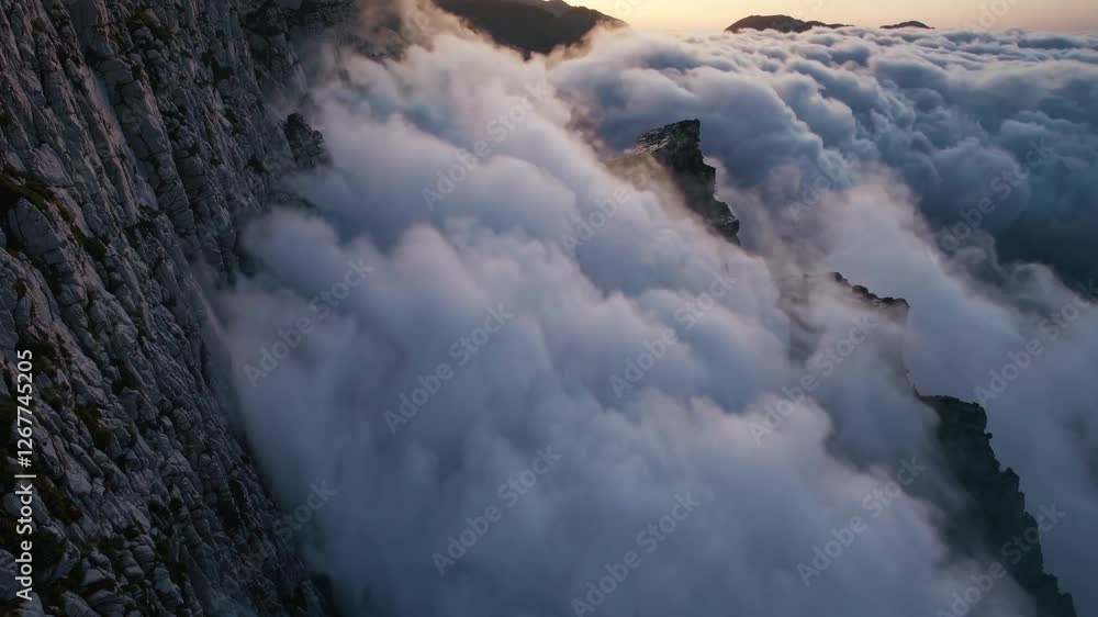 video capturing the ethereal movement of thick mist slowly cascading down a towering cliffside, enveloping jagged rocks in a soft, flowing embrace. video capturing the ethereal movement of thick mist slowly cascading down a towering cliffside, enveloping jagged rocks in a soft, flowing embrace.