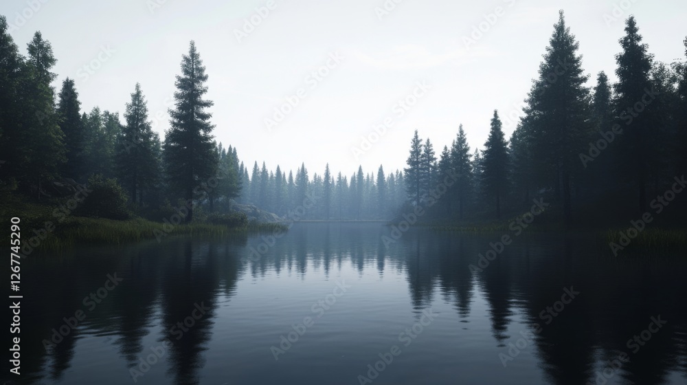 Misty lake reflecting pine forest, tranquil scene, nature background, ideal for travel websites Misty lake reflecting pine forest, tranquil scene, nature background, ideal for travel websites
