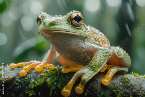 Splendid tree frog perched on mossy branch during rainfall in rainforest photo